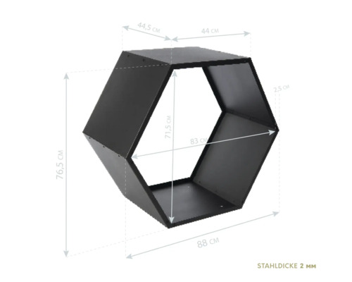 Abmessungen des sechseckigen Wandregals aus Stahl