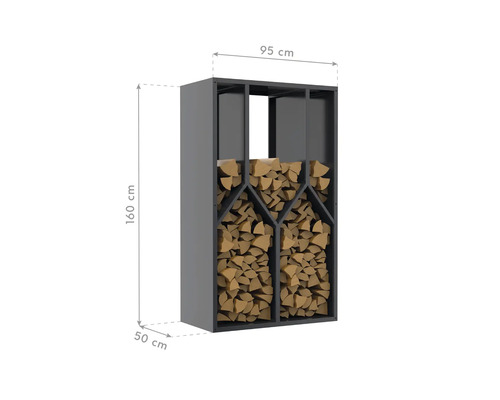 Brennholzregal aus Metall, mit Holzscheiten gefüllt, Maße 160 x 95 x 50 cm