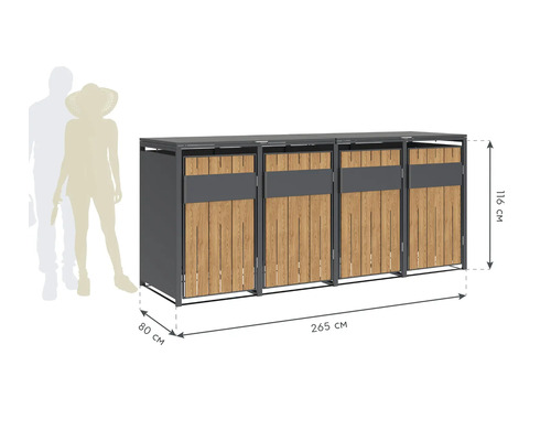 Mülltonnenbox für vier Mülltonnen mit den Maßen 265 cm mal 80 cm mal 116 cm