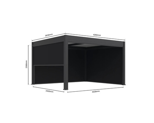 Pavillon mit den Maßen 3630 Millimeter mal 4260 Millimeter und einer Höhe von 2366 Millimeter.