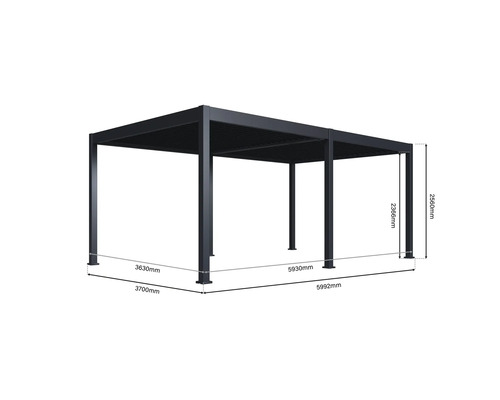 Abmessungen einer Metallpergola für den Garten mit einer Höhe von 2560 Millimeter, einer Breite von 3700 Millimeter und einer Länge von 5992 Millimeter.