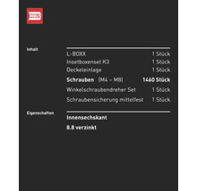 Inbus Logo, L-Boxx Inhalt: Schrauben, Insetboxenset, Winkelschraubendreher Set, Schraubensicherung mittelfest und Innensechskant verzinkt