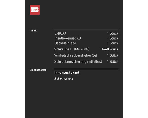 Inbus Logo, L-Boxx Inhalt: Schrauben, Insetboxenset, Winkelschraubendreher Set, Schraubensicherung mittelfest und Innensechskant verzinkt