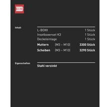 Inbus L-Boxx Inhalt: L-Boxx, Insetboxenset K3, Deckeleinlage, Muttern M3 bis M10, Scheiben M3 bis M10, Stahl verzinkt