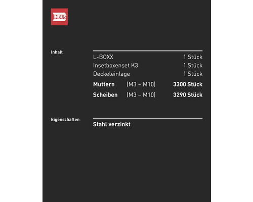 Inbus L-Boxx Inhalt: L-Boxx, Insetboxenset K3, Deckeleinlage, Muttern M3 bis M10, Scheiben M3 bis M10, Stahl verzinkt