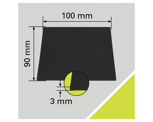 Abbildung eines Gummipuffers mit den Maßen 100 mm mal 90 mm mal 3 mm