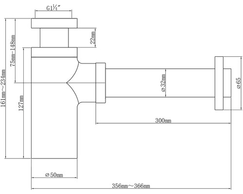 Technische Zeichnung eines Siphons mit Maßangaben
