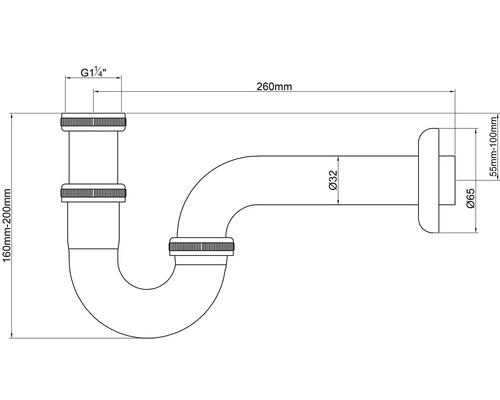 Technische Zeichnung eines Siphons mit Maßangaben