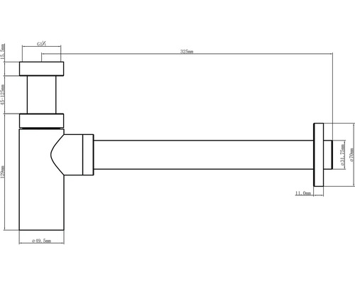 Technische Zeichnung eines Siphons mit Maßangaben
