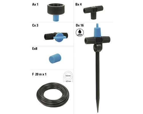 Komponenten für die Tropfbewässerung im Set