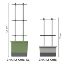 Zwei Charly Chili Pflanzkastenmodelle unterschiedlicher Größe mit Pflanzhilfe
