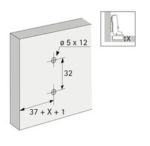 Bohrbild für eine Möbelscharnier-Montage mit Maßangaben