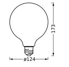 Zeichnung einer Glühbirne mit den Maßen 173 mm Höhe und 124 mm Durchmesser