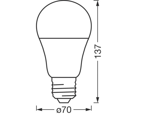 Illustration einer Glühbirne mit den Maßen 137 mm Höhe und 70 mm Durchmesser