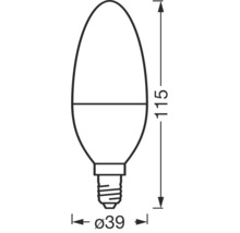 Abmessungen einer E14 Kerzenlampe mit 115 Millimeter Länge und 39 Millimeter Durchmesser