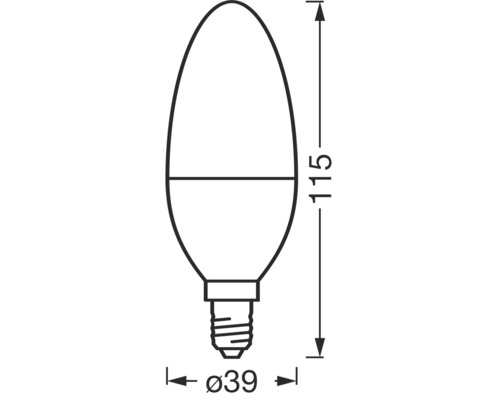 Abmessungen einer E14 Kerzenlampe mit 115 Millimeter Länge und 39 Millimeter Durchmesser