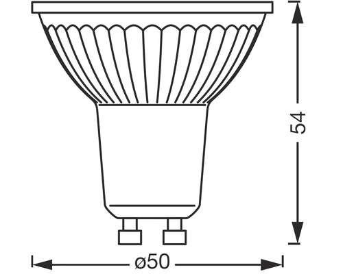 Technische Zeichnung einer GU10 Lampe mit Maßangaben