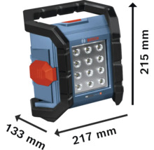 Bosch Logo auf einer Baustellenleuchte mit den Maßen 215 mm Höhe, 133 mm Breite und 217 mm Länge