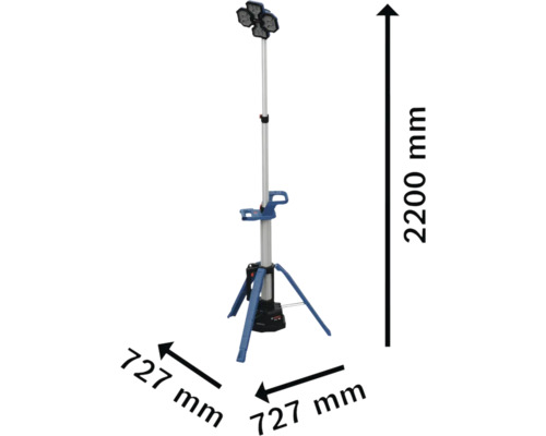 Baustrahler mit Stativ und Größenangaben