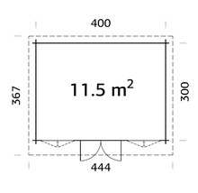 Grundrisszeichnung mit Maßangaben für ein Gartenhaus, Fläche 11,5 Quadratmeter