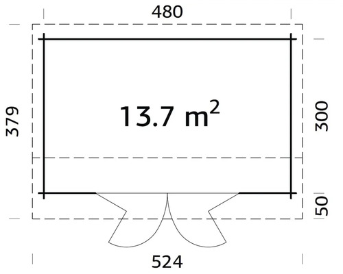 Grundrisszeichnung eines Gartenhauses mit den Maßen 480 x 524 x 379 cm und einer Fläche von 13,7 Quadratmetern.