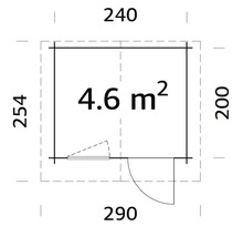 Grundrisszeichnung eines Gartenhauses mit den Maßen 240 x 200 x 254 x 290 cm und einer Fläche von 4,6 m²