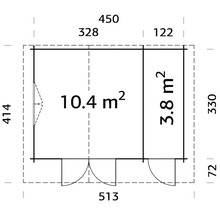 Grundrisszeichnung eines Gartenhauses mit Flächenangaben in Quadratmetern und Maßangaben in Zentimetern
