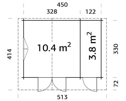 Grundrisszeichnung eines Gartenhauses mit Flächenangaben in Quadratmetern und Maßangaben in Zentimetern