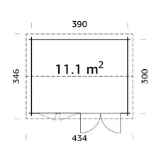 Grundrisszeichnung eines Gartenhauses mit Größenangaben