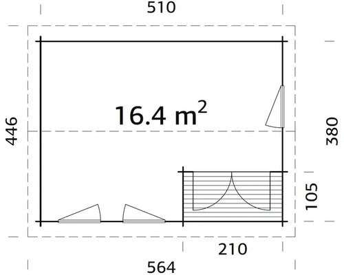 Grundriss eines Gartenhauses mit den Maßen 510 x 564 Zentimeter und einer Fläche von 16,4 Quadratmetern.
