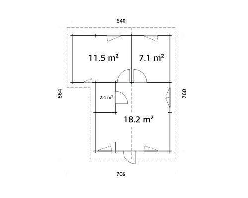 Grundriss eines Gartenhauses mit Flächenangaben der einzelnen Räume