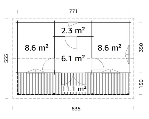 Grundriss eines Gartenhauses mit verschiedenen Raumgrößen in Quadratmetern