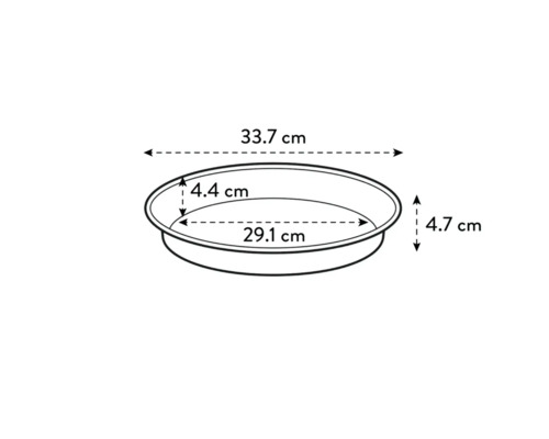 Technische Zeichnung einer Pflanzschale mit den Maßen 33,7 cm Länge, 29,1 cm Breite und 4,7 cm Höhe.