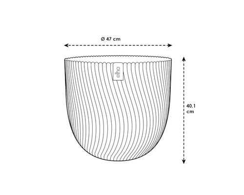 Technische Zeichnung eines Pflanzgefäßes mit den Maßen Durchmesser 47 Zentimeter und Höhe 40,1 Zentimeter, Elho Logo