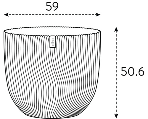 Abbildung eines Pflanzgefäßes mit den Maßen 59 mal 50,6 Zentimeter und Elho Logo.