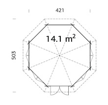 Grundrisszeichnung eines Gartenhauses mit einer Fläche von 14,1 Quadratmetern und den Maßen 421 x 503 Zentimeter.