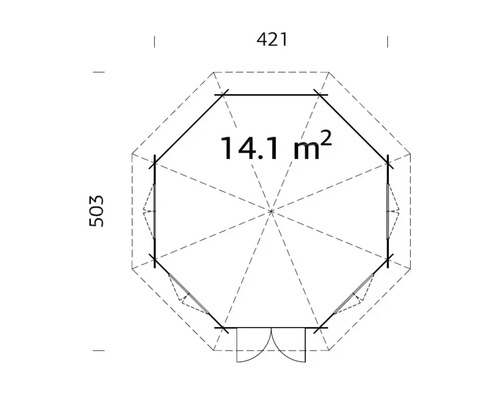 Grundrisszeichnung eines Gartenhauses mit einer Fläche von 14,1 Quadratmetern und den Maßen 421 x 503 Zentimeter.
