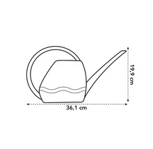 Technische Zeichnung einer Gießkanne mit Maßangaben 36,1 cm Länge und 19,9 cm Höhe.