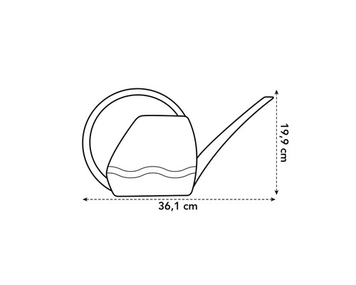 Technische Zeichnung einer Gießkanne mit Maßangaben 36,1 cm Länge und 19,9 cm Höhe.