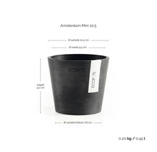 Ecopots Amsterdam Mini 10,5 Blumentopf: Höhe 9,2 Zentimeter, Außendurchmesser 10,5 Zentimeter, Innendurchmesser 9,5 Zentimeter, Volumen 0,45 Liter.