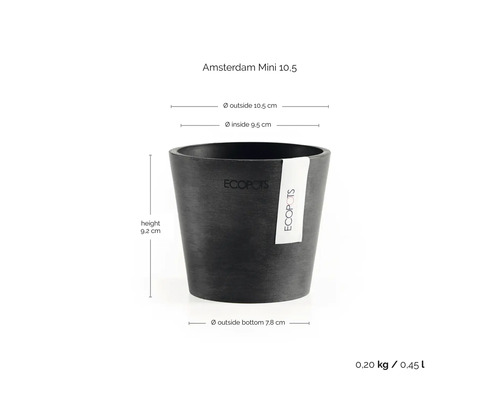 Ecopots Amsterdam Mini 10,5 Blumentopf: Höhe 9,2 Zentimeter, Außendurchmesser 10,5 Zentimeter, Innendurchmesser 9,5 Zentimeter, Volumen 0,45 Liter.
