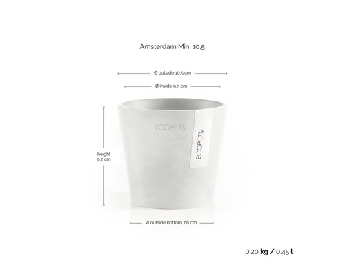 Ecopots Blumentopf Amsterdam Mini mit Abmessungen: Höhe 9,2 Zentimeter, Außendurchmesser 10,5 Zentimeter, Volumen 0,45 Liter.