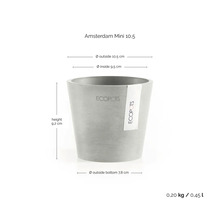 Blumentopf Ecopots Amsterdam Mini mit Maßen: Höhe 9,2 Zentimeter, Außendurchmesser 10,5 Zentimeter, Volumen 0,45 Liter.