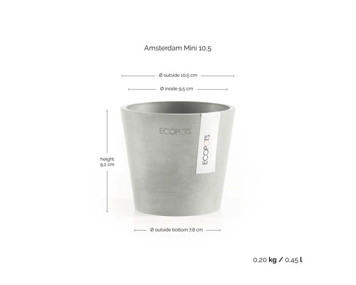 Blumentopf Ecopots Amsterdam Mini mit Maßen: Höhe 9,2 Zentimeter, Außendurchmesser 10,5 Zentimeter, Volumen 0,45 Liter.