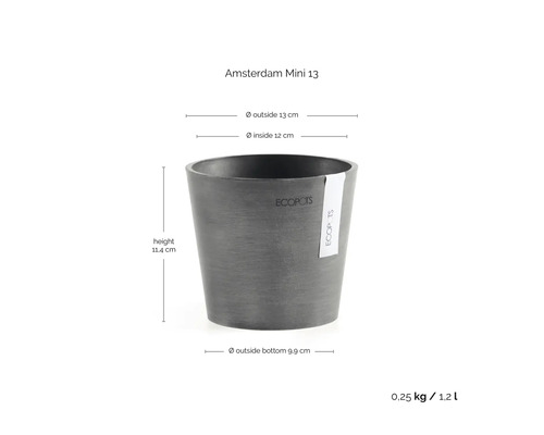 Ecopots Pflanzgefäß Amsterdam Mini 13: Höhe 11,4 Zentimeter, Außendurchmesser 13 Zentimeter, Gewicht 0,25 Kilogramm, Volumen 1,2 Liter.