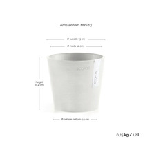 Blumentopf Ecopots Amsterdam Mini 13 mit Maßangaben: Höhe 11,4 Zentimeter, Außendurchmesser 13 Zentimeter, Innendurchmesser 12 Zentimeter.