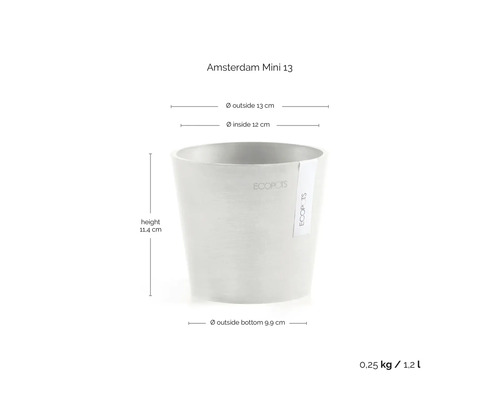 Blumentopf Ecopots Amsterdam Mini 13 mit Maßangaben: Höhe 11,4 Zentimeter, Außendurchmesser 13 Zentimeter, Innendurchmesser 12 Zentimeter.