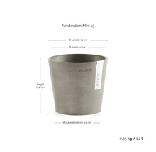 Blumentopf Ecopots Amsterdam Mini 13: Höhe 11,4 Zentimeter, Außendurchmesser 13 Zentimeter, Volumen 1,2 Liter und Ecopots Logo.
