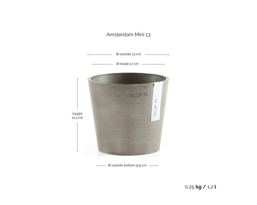 Blumentopf Ecopots Amsterdam Mini 13: Höhe 11,4 Zentimeter, Außendurchmesser 13 Zentimeter, Volumen 1,2 Liter und Ecopots Logo.