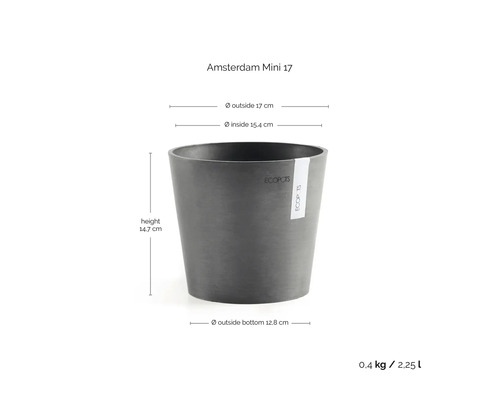 Ecopots Blumentopf Amsterdam Mini 17, Höhe 14,7 Zentimeter, Außendurchmesser 17 Zentimeter, Innendurchmesser 15,4 Zentimeter, Volumen 2,25 Liter.